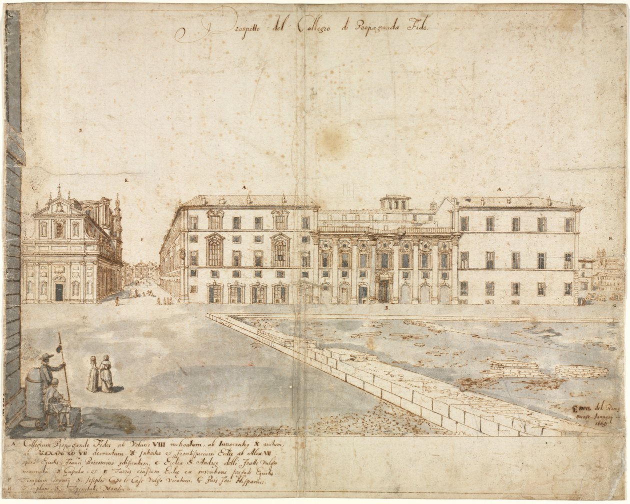 Kahdeksantoista näkymää Roomaan: Collegio di Propaganda Fide recto, 1665. tekijältä Lievin Cruyl