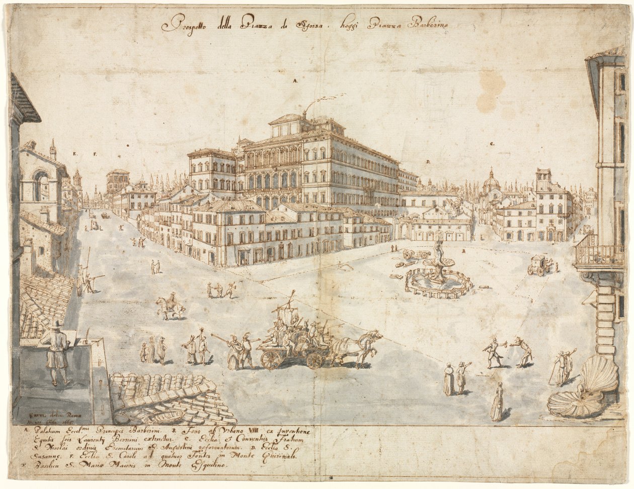 Kahdeksantoista näkymää Roomaan: Piazza Barberini recto..., 1665. tekijältä Lievin Cruyl