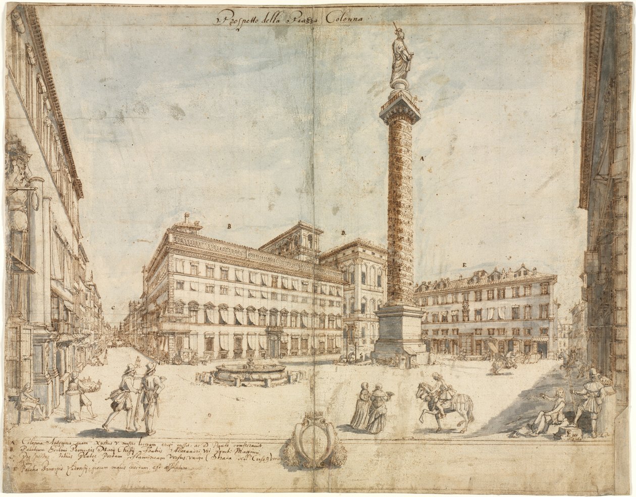 Kahdeksantoista näkymää Roomaan: Piazza Colonna, 1664. tekijältä Lievin Cruyl