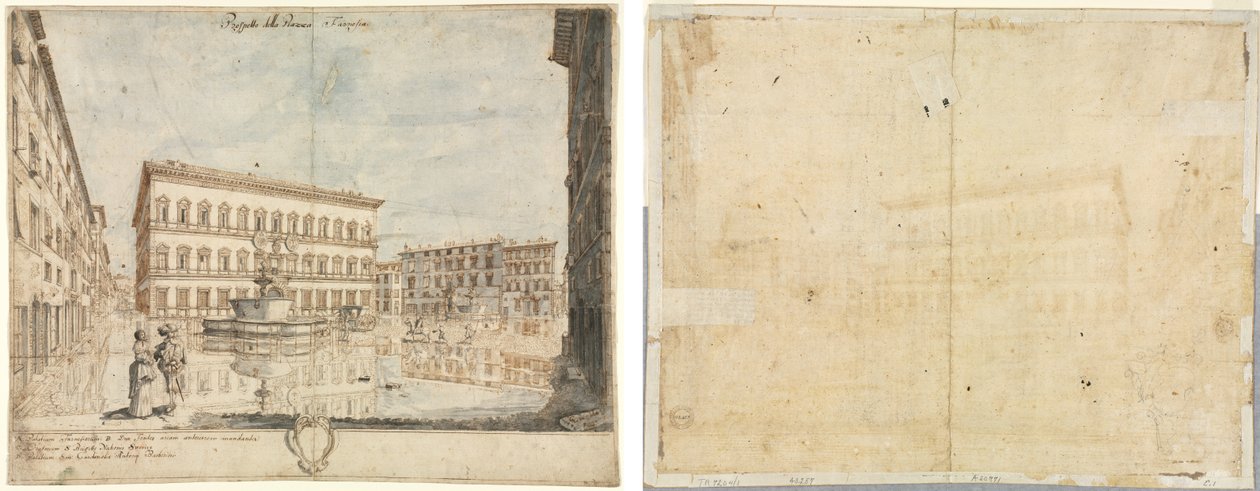 Kahdeksantoista näkymää Roomaan: Piazza Farnese (recto); Cartouche (käänteinen) tekijältä Lievin Cruyl