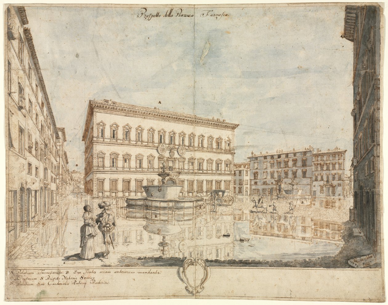 Kahdeksantoista näkymää Roomaan: Piazza Farnese recto, 1664. tekijältä Lievin Cruyl