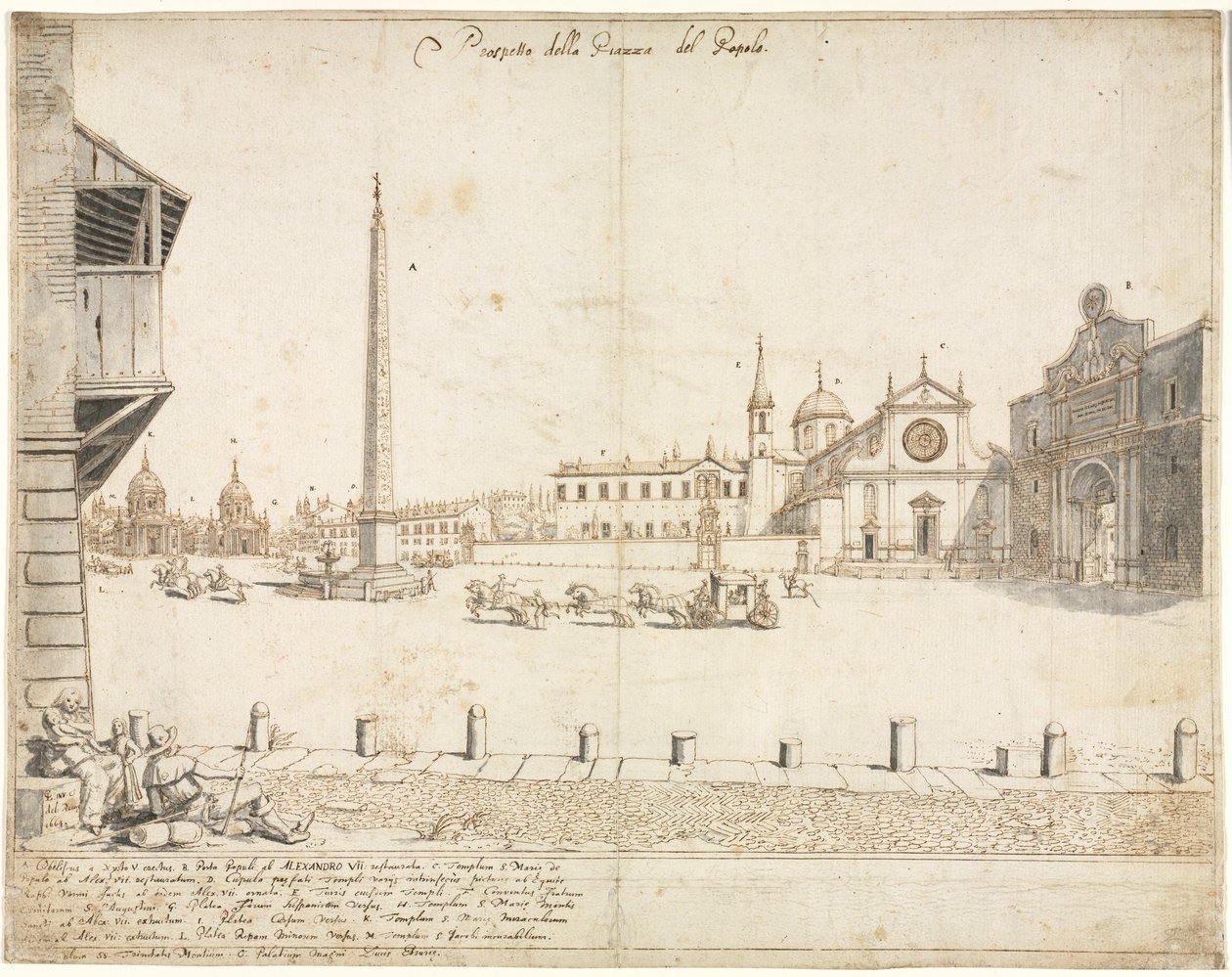 Kahdeksantoista näkymää Roomaan: Piazza del Popolo (recto) tekijältä Lievin Cruyl
