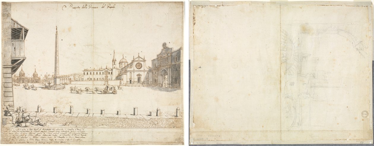Kahdeksantoista näkymää Roomaan: Piazza del Popolo (recto); Luonnos San Giovanni in Lateranossa (käänteinen) tekijältä Lievin Cruyl