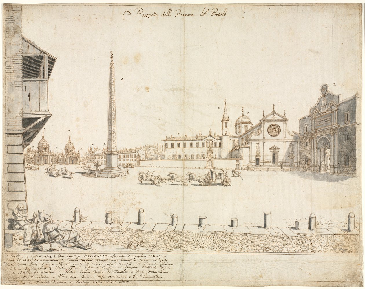 Kahdeksantoista näkymää Roomaan: Piazza del Popolo recto, 1664. tekijältä Lievin Cruyl