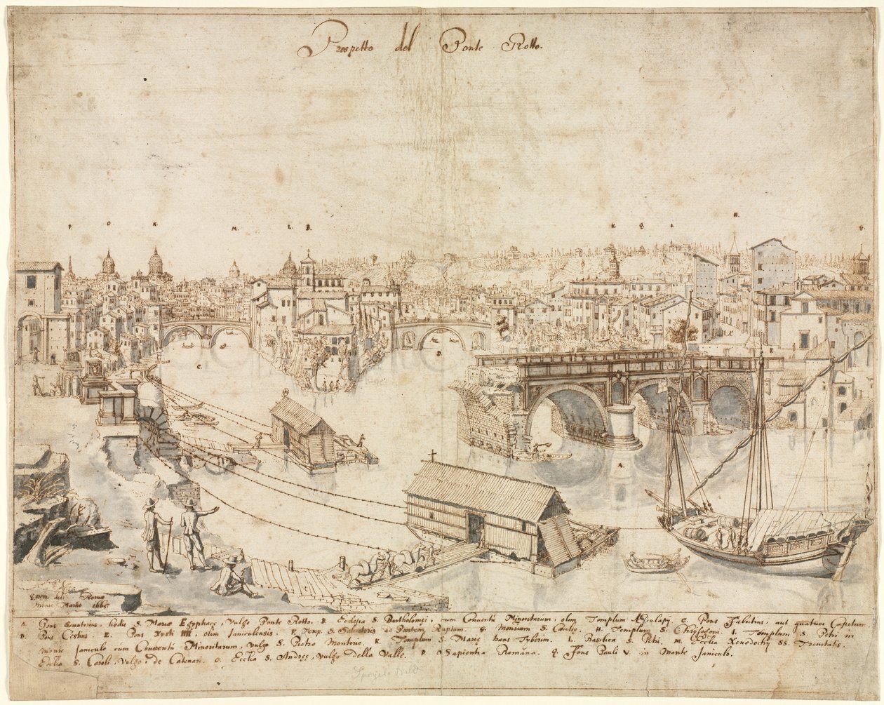Kahdeksantoista näkymää Roomaan: Ponte Rotto, 1665. tekijältä Lievin Cruyl