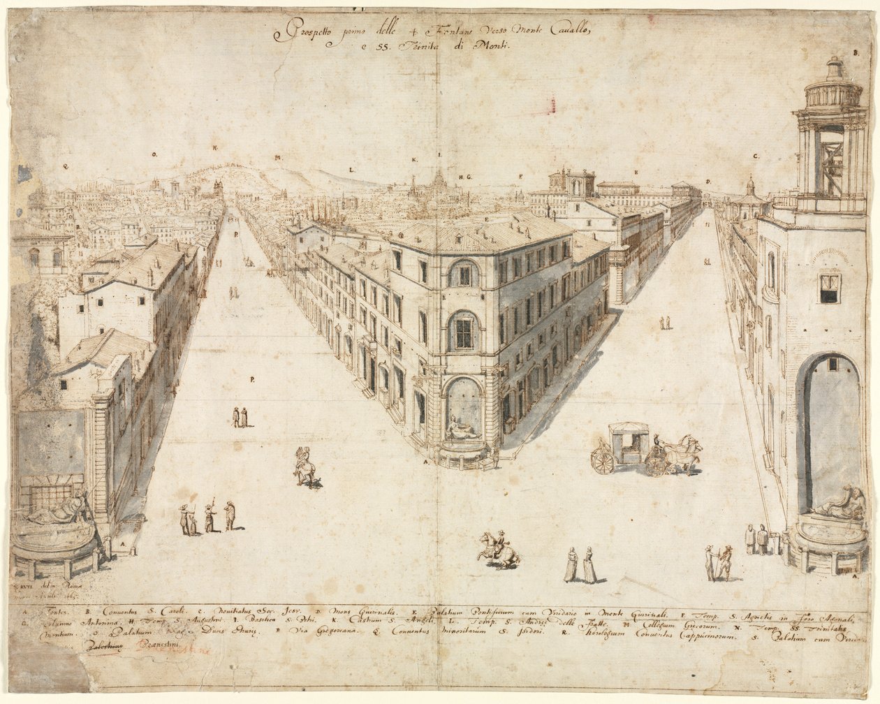 Kahdeksantoista näkymää Roomaan: Quattro Fontane katselee kohti Monte Cavalloa, 1665. tekijältä Lievin Cruyl