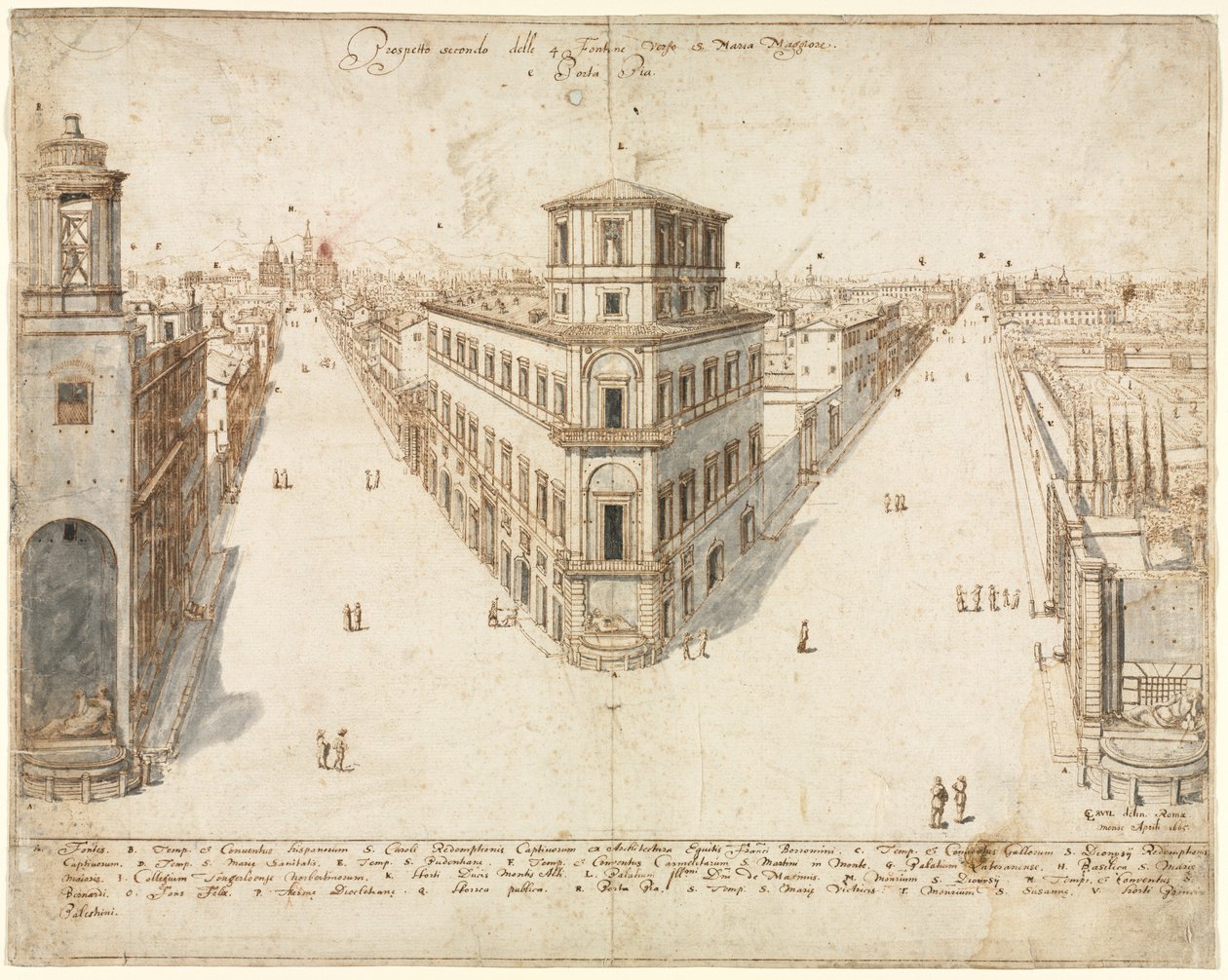 Kahdeksantoista näkymää Roomaan: Quattro Fontane katselee kohti Santa Maria Maggiorea, 1665. tekijältä Lievin Cruyl