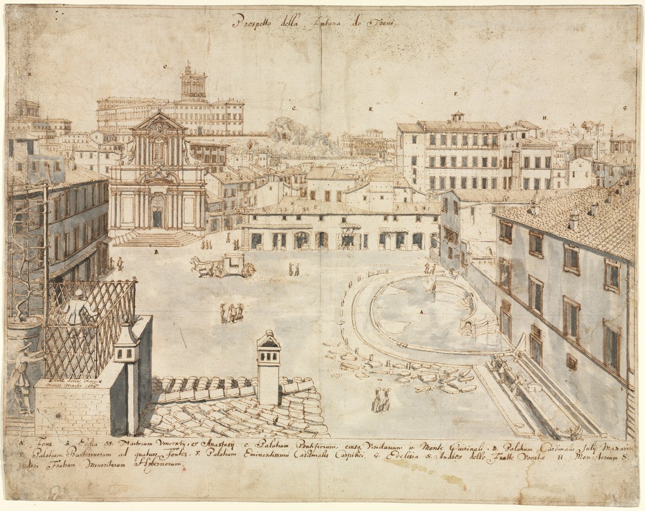 Kahdeksantoista näkymää Roomaan: Trevin suihkulähde, 1665. tekijältä Lievin Cruyl