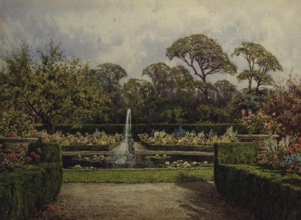 Lily Pond Garden, jossa on pyöreä lampi ja Cherub-suihkulähde (vesiväri ja guassi) tekijältä Lilian Stannard