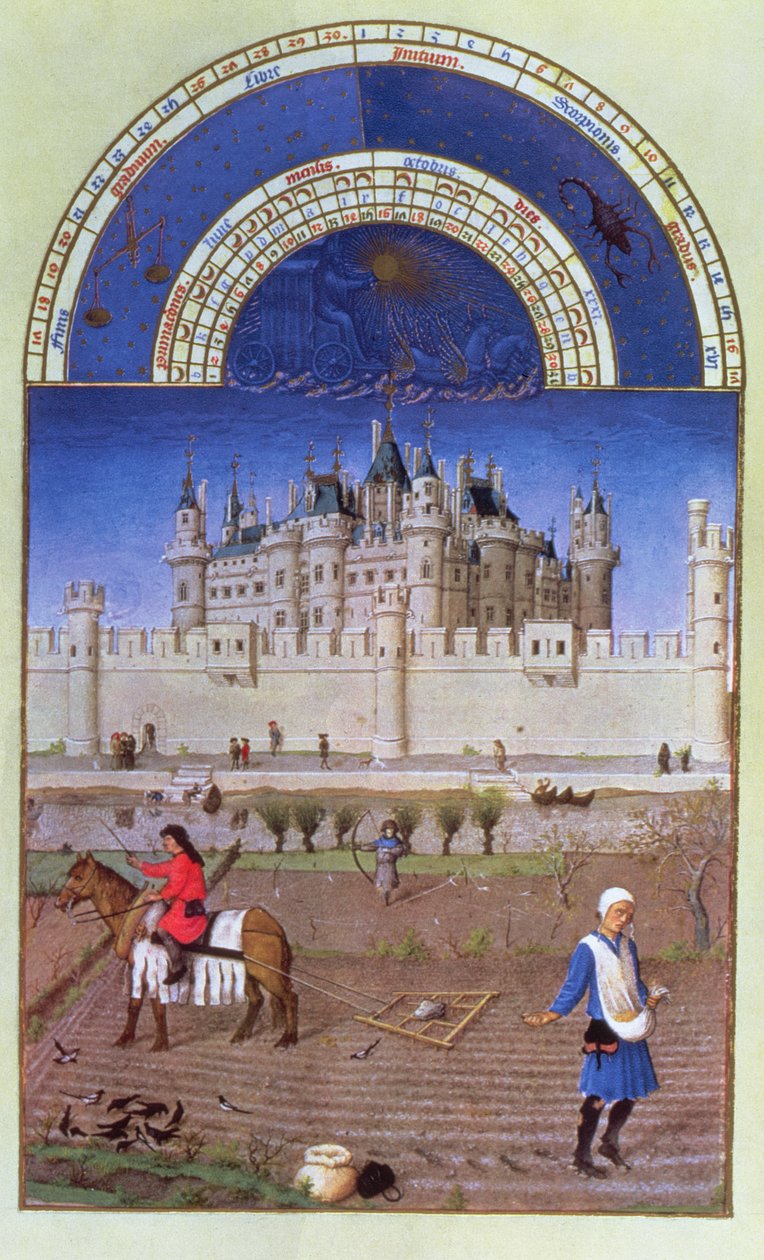 Lokakuun faksimile: Limbourgin veljien talviviljan kylvö Tres Riches Heures du Duc de Berrystä tekijältä Limbourg Brothers