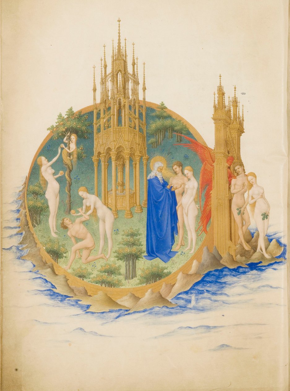 Très Riches Heures du duc de Berry Folio 25, toisin sanoen: Eedenin puutarha tekijältä Limbourg Brothers