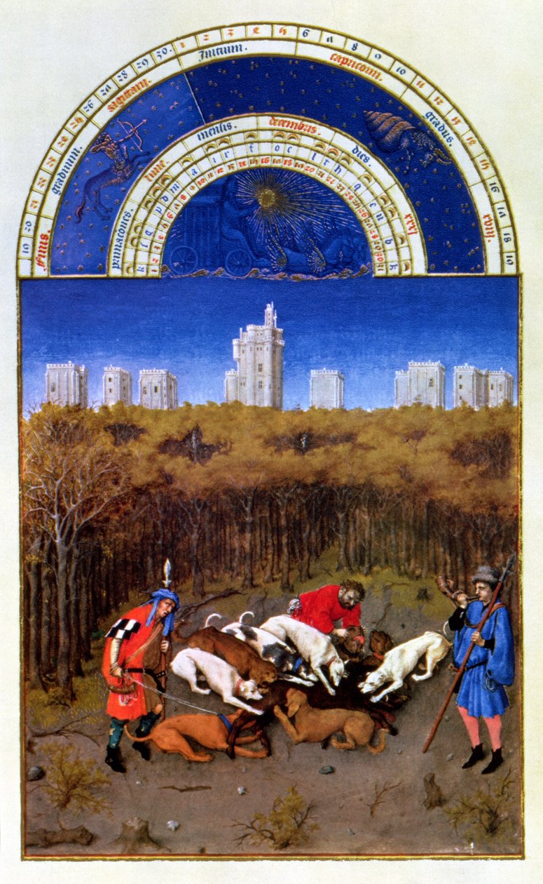 Joulukuun faksimile: metsästää villisikaa, kopioitu julkaisusta "Tres Riches Heures du Duc de Berry" (vellum) (alkuperäinen katso 8444) tekijältä Limbourg Brothers (after)
