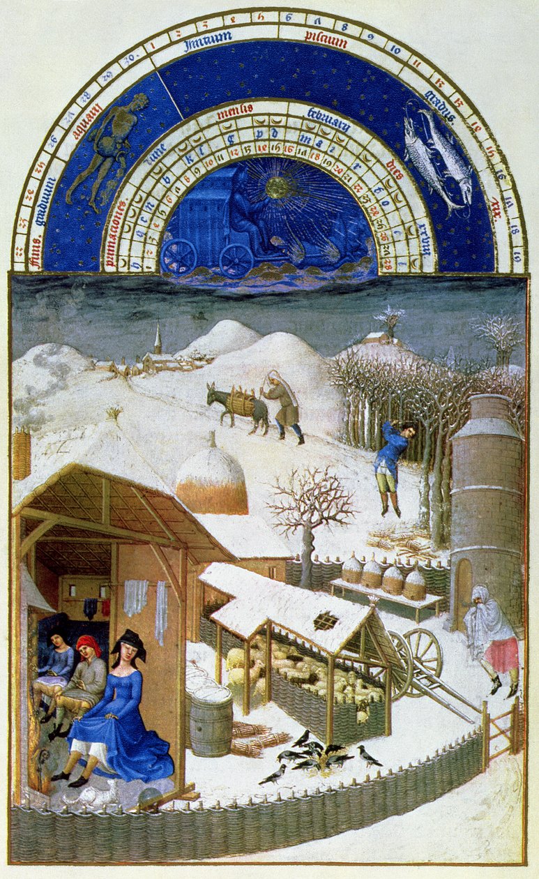 Helmikuun faksimile: maatilakohtaus talonpoikien kanssa, kopioitu "Tres Riches Heures du Duc de Berrystä" (alkuperäinen katso 8434) tekijältä Limbourg Brothers