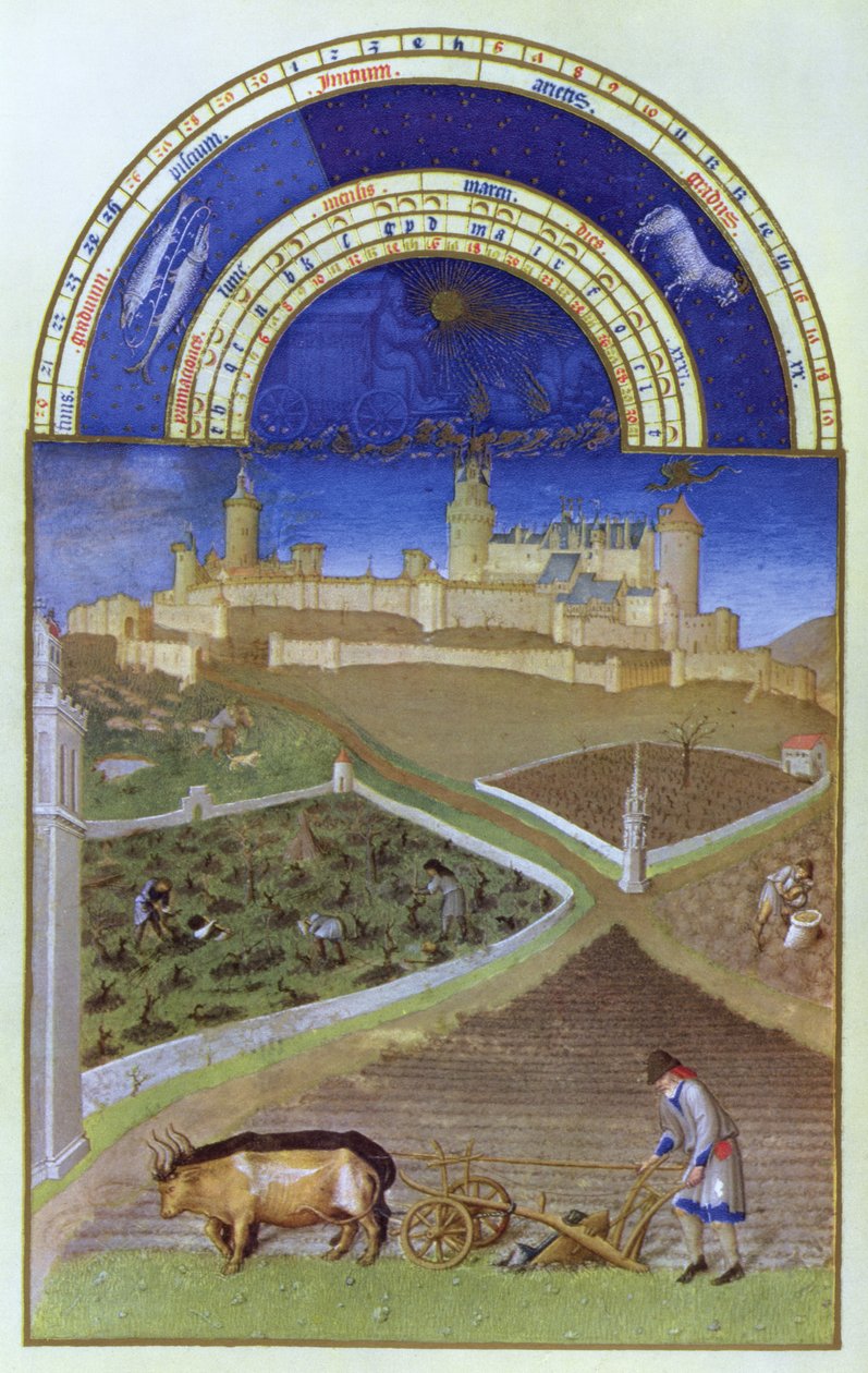 Maaliskuun faksimile: Talonpojat töissä feodaalisella kartanolla, "Tres Riches Heures du Duc de Berry" (alkuperäinen katso 8435) tekijältä Limbourg Brothers