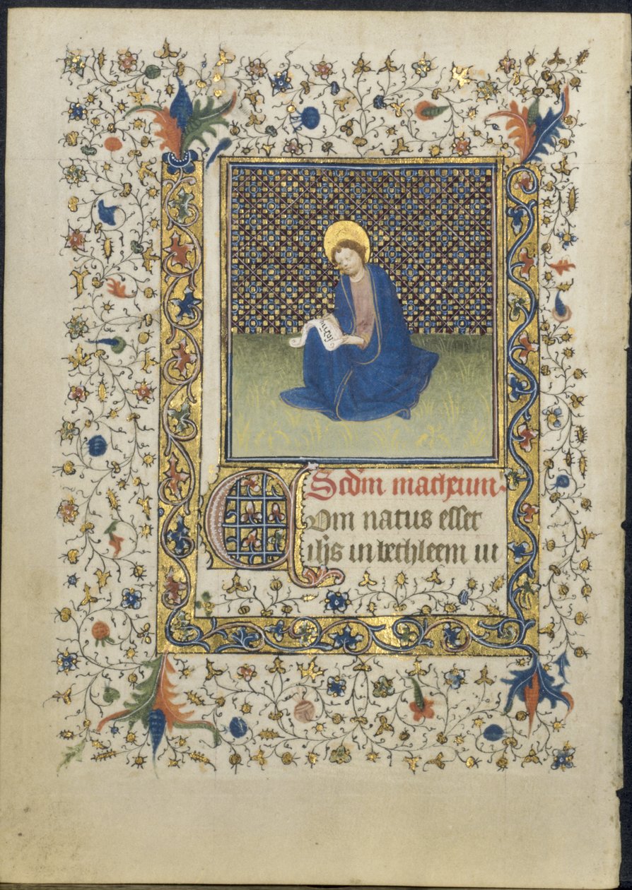 Lehti tuntikirjasta: St. Matthew, n. 1415-20. tekijältä Limbourg Brothers