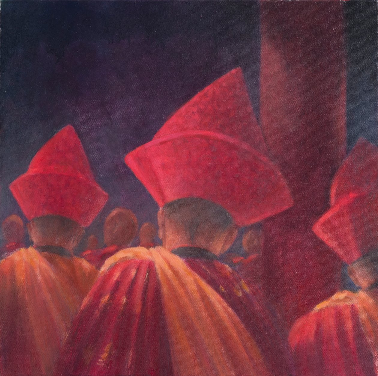 Buddhist Monks, Bhutan, 2012 (akryyli kankaalle) tekijältä Lincoln Seligman