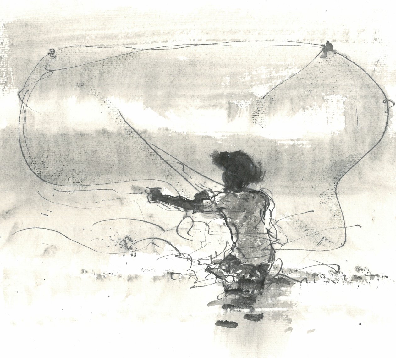 Fisherman, Sri Lanka, 2015 (kynä ja muste pesulla paperille) tekijältä Lincoln Seligman