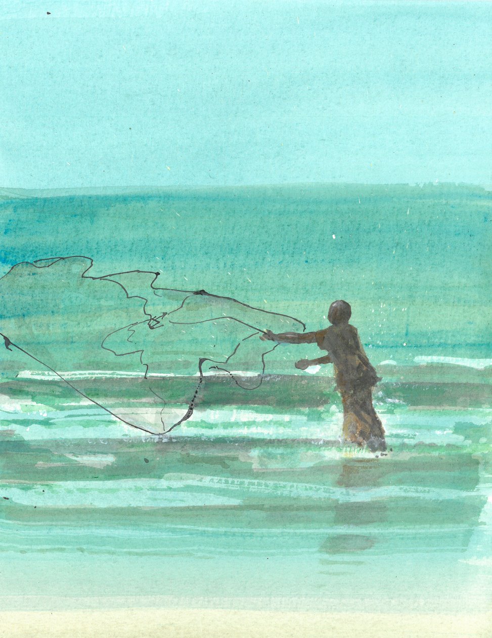 Lone Fisherman 1, 2015 (kynä ja muste wc:llä paperilla) tekijältä Lincoln Seligman