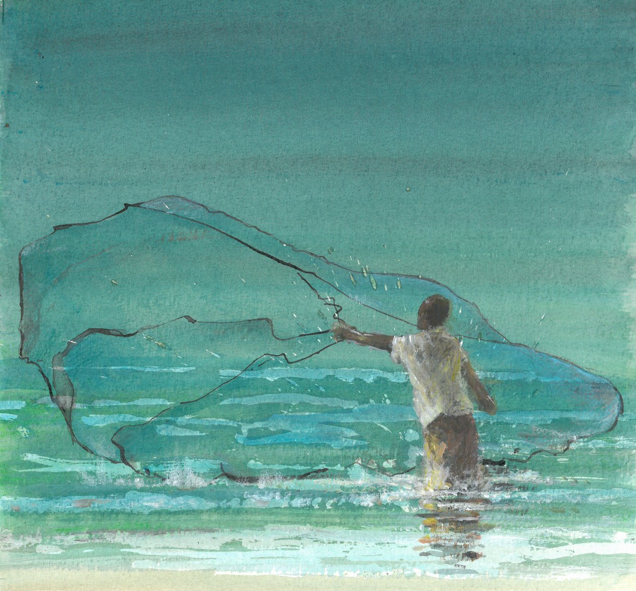 Lone Fisherman 3, 2015 (kynä ja muste wc:llä paperilla) tekijältä Lincoln Seligman