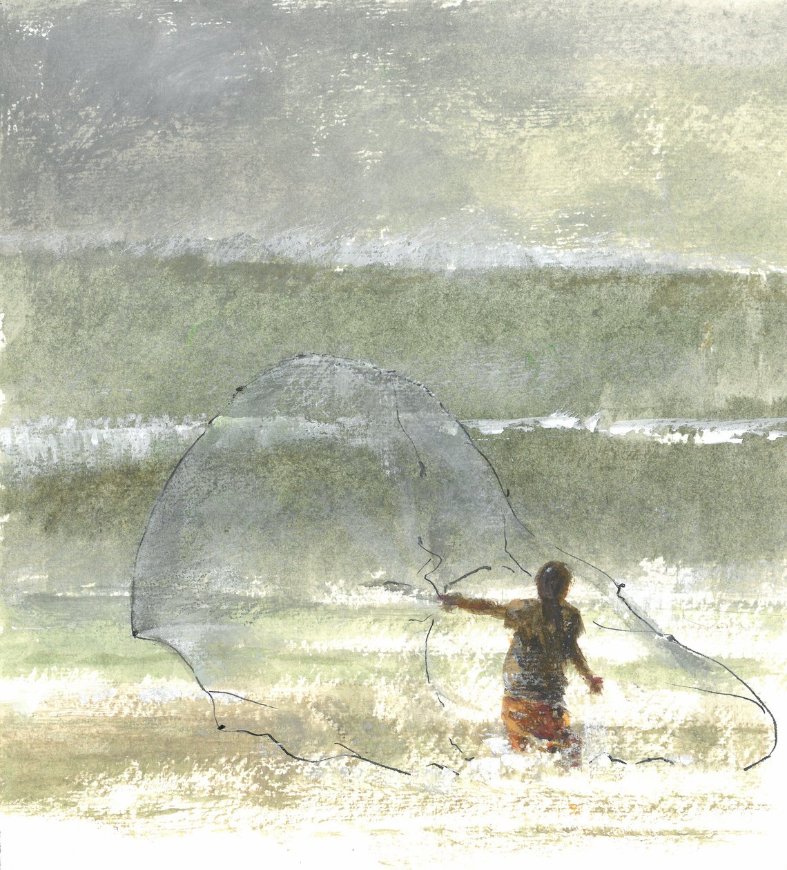 Lone Fisherman 4, 2015 (kynä ja muste wc:llä paperilla) tekijältä Lincoln Seligman