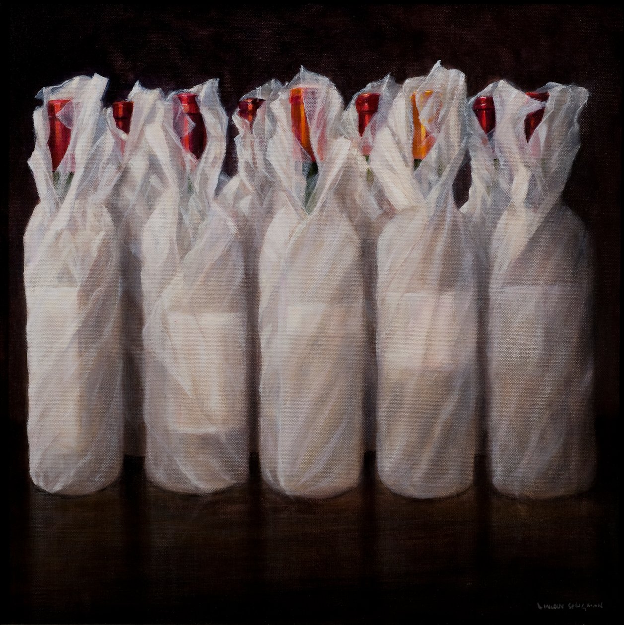 Pakatut viinipullot, 2010 (akryyli kankaalle) tekijältä Lincoln Seligman