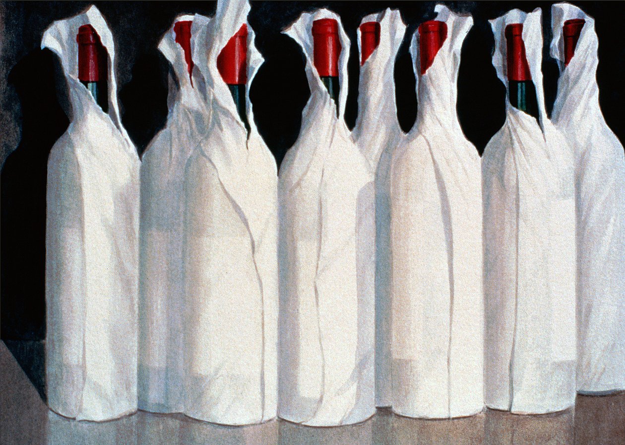 Pakatut viinipullot, numero 1, 1995 (akryylia paperille) tekijältä Lincoln Seligman
