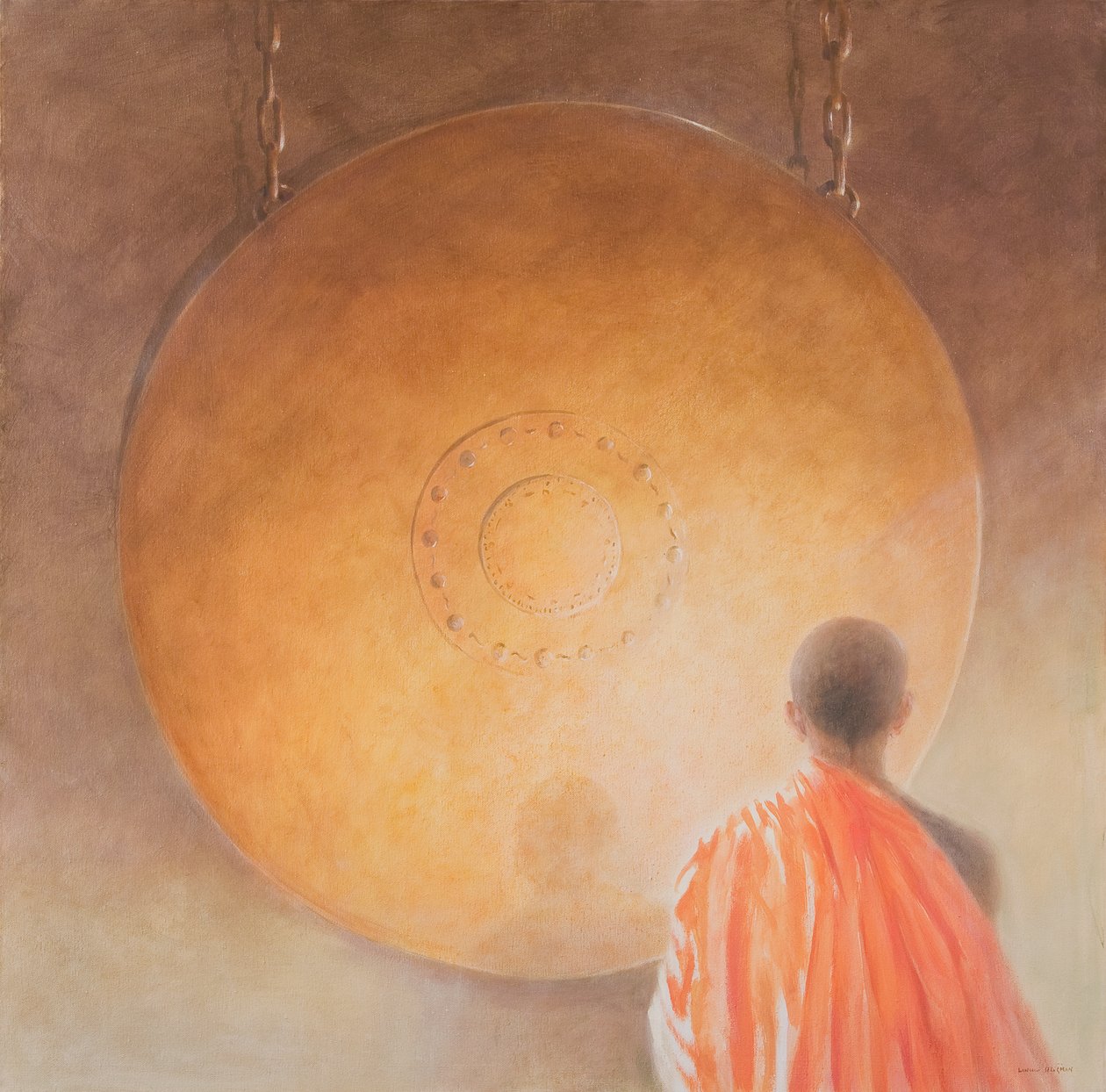 Nuori buddhalaismunkki ja gong, Bhutan, 2010 (akryyli kankaalle) tekijältä Lincoln Seligman