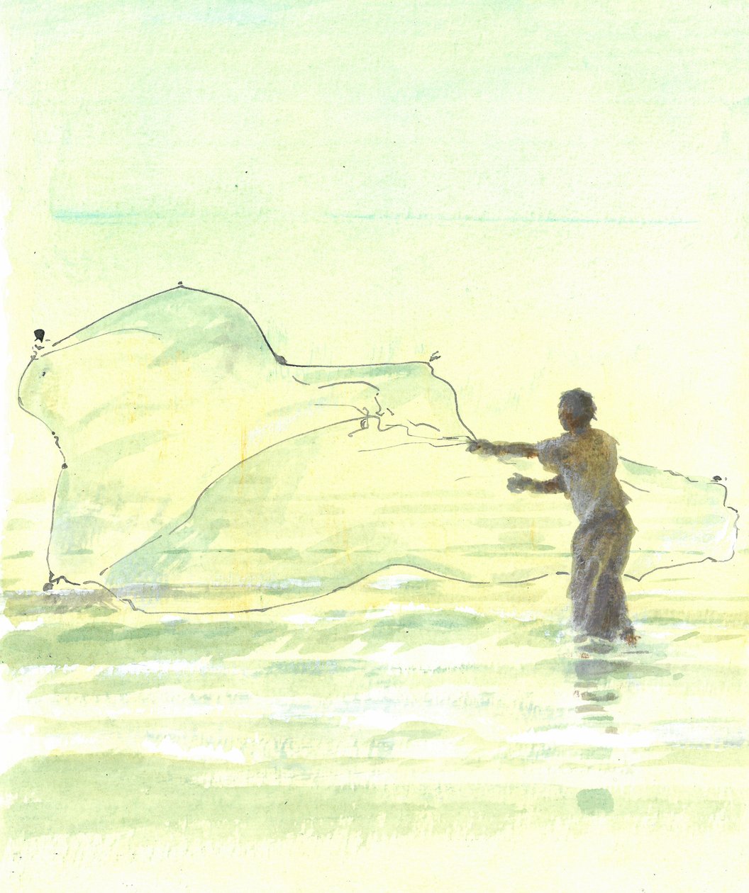 Lone Fisherman 2, 2015 (kynä ja muste wc:llä paperilla) tekijältä Lincoln Seligman