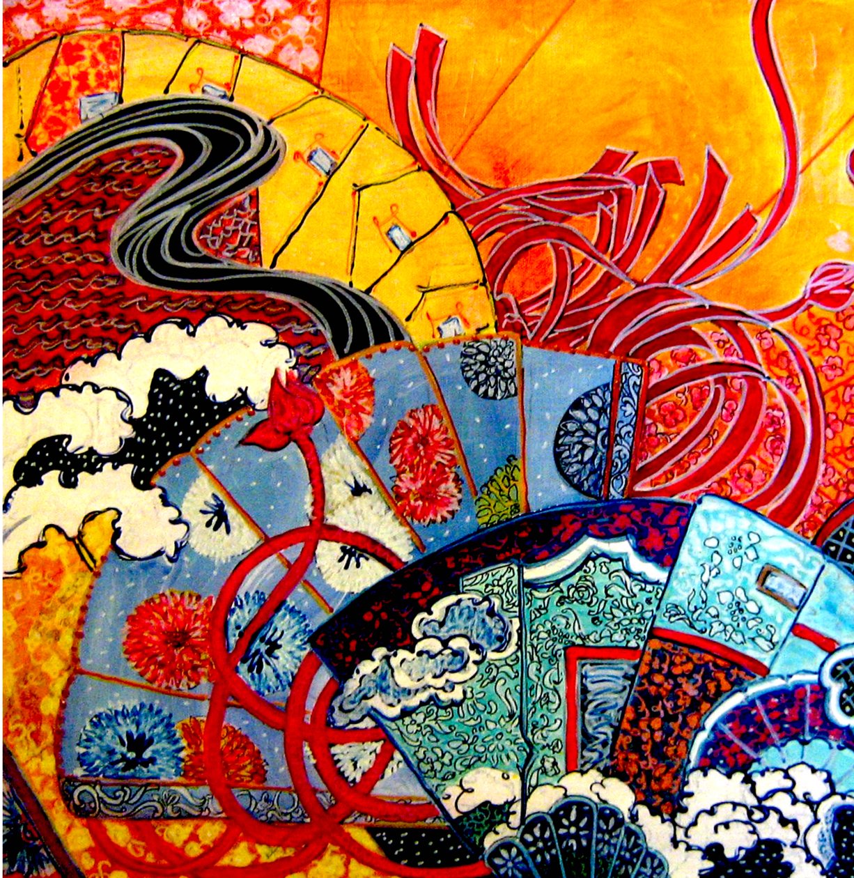 Oriental Fans, 2013 (sekatekniikka, akryyli, muste, öljy) tekijältä linda arthurs