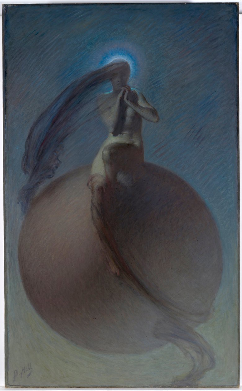 ""La quete"" (The Quest) Unenomainen esitys, naisen siluetti asetettuna maapallolle - Lindsay Bernard Hallin (1859-1935) maalaus noin 1905 - Öljy kankaalle Koko 154x94,5 cm Australian kansallisgalleria, Canberra tekijältä Lindsay Bernard Hall