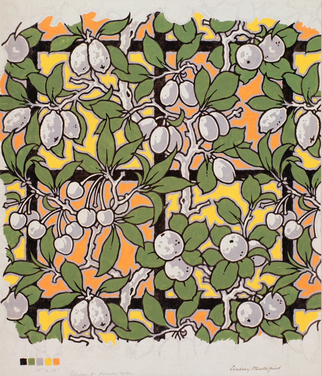 Hedelmäsekoitus säleikköllä, design painetulle puuvillalle, 1900-luku tekijältä Lindsay P. Butterfield