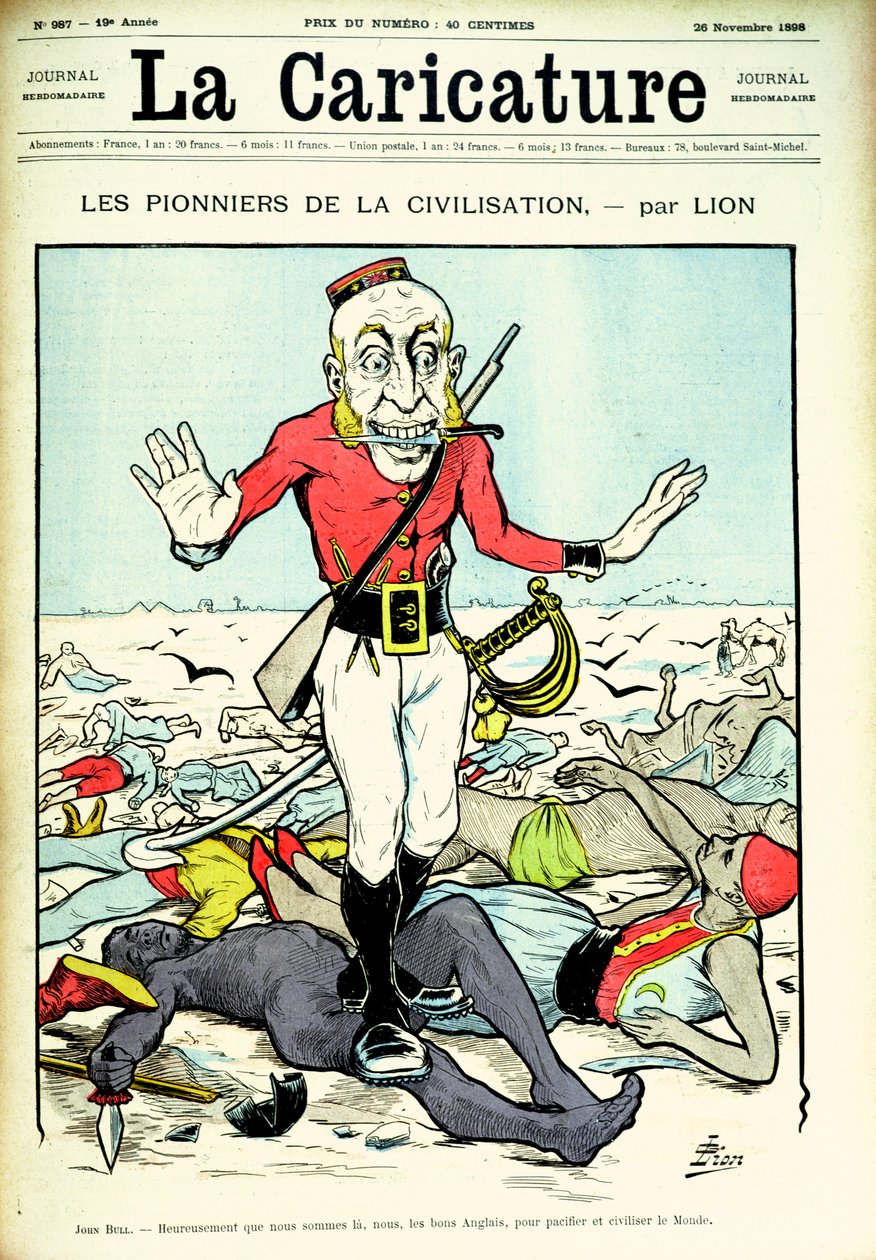 Pioneers of Civilization, John Bull tuomassa rauhaa ja sivilisaatiota maailmaan, La Caricature -lehden kansi, 26. marraskuuta 1898 tekijältä Lion