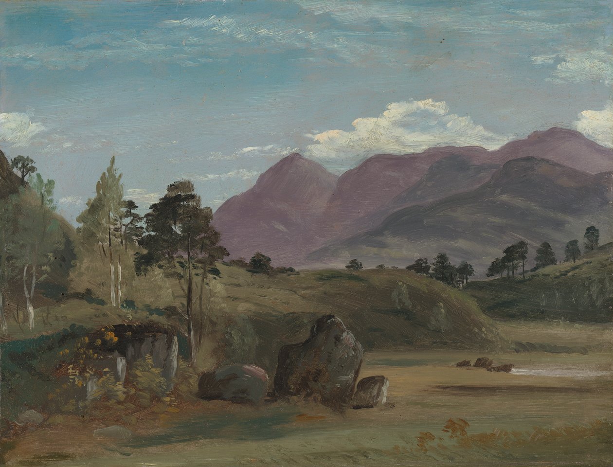Vuoristomaisema, mahdollisesti järvialueella tekijältä Lionel Constable