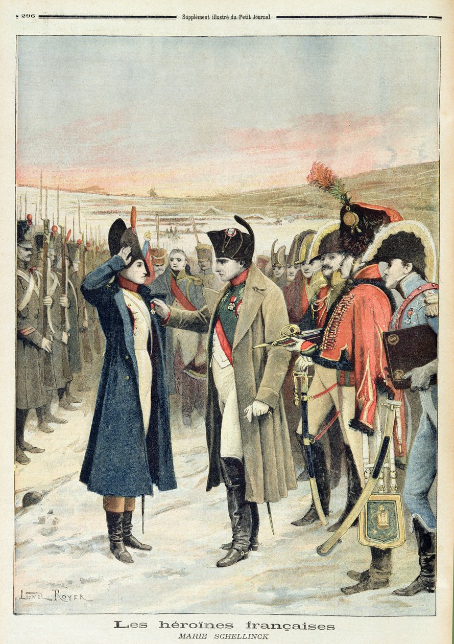 Napoleon Bonaparte (1769-1821) luovuttaa naisupseeri Marie Schellinckille mitalin taistelukentällä, kuvitus Le Petit Journal -lehdestä, syyskuu 1894. tekijältä Lionel Noel Royer