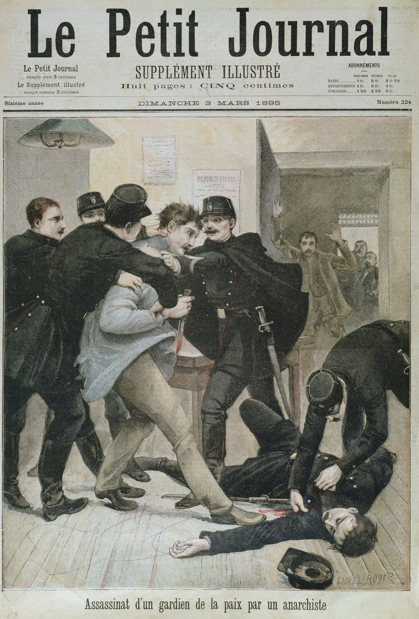 Anarkisti murhasi poliisin, "Le Petit Journal" -lehden kansikuva, 3. maaliskuuta 1895 tekijältä Lionel Royer