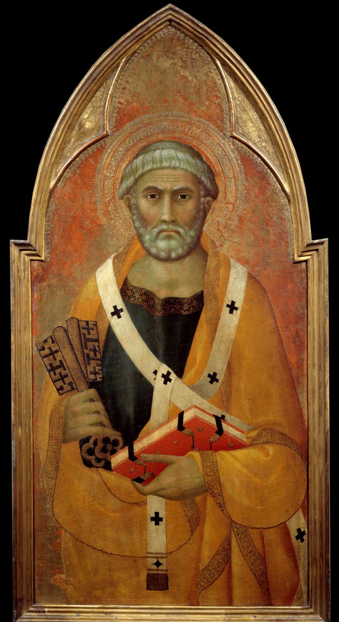 Pyhän Pietarin (San Pietro) Detrempen esitys puulla Lippo Memmin (tunnettu 1317-1347) 1300-luvun su. 0,94x0,44 m - Pyhän Pietarin (San Pietro) esitys. Tempera puulle, Lippo Memmi (tunnettu 1317-1347) tekijältä Lippo Memmi