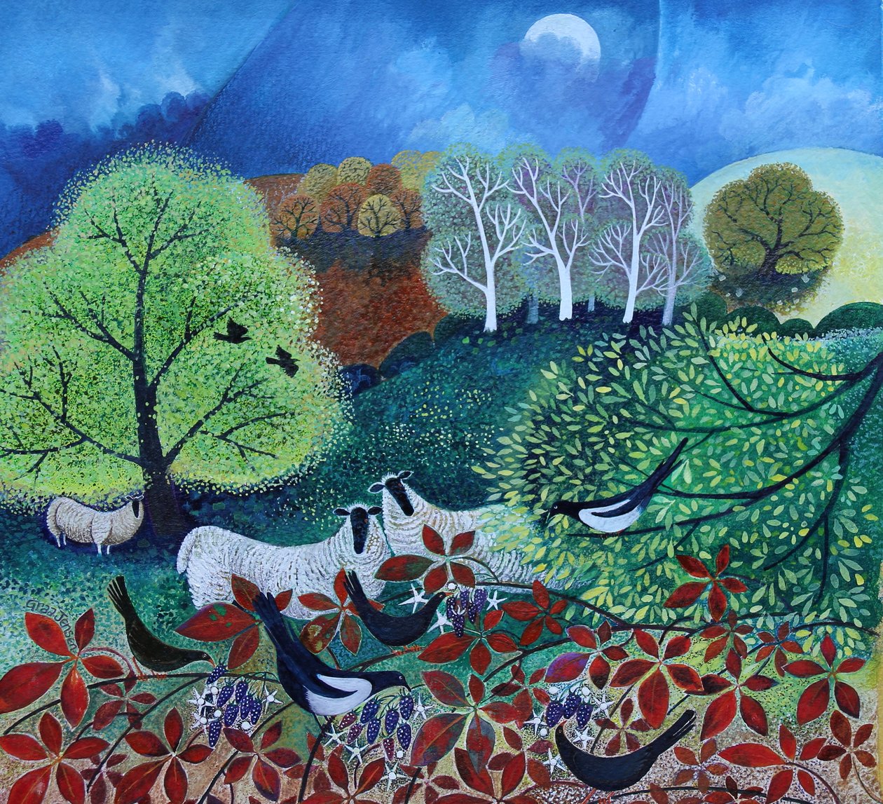 Fruit Peckers, 2021 (akryylit paperille) tekijältä Lisa Graa Jensen
