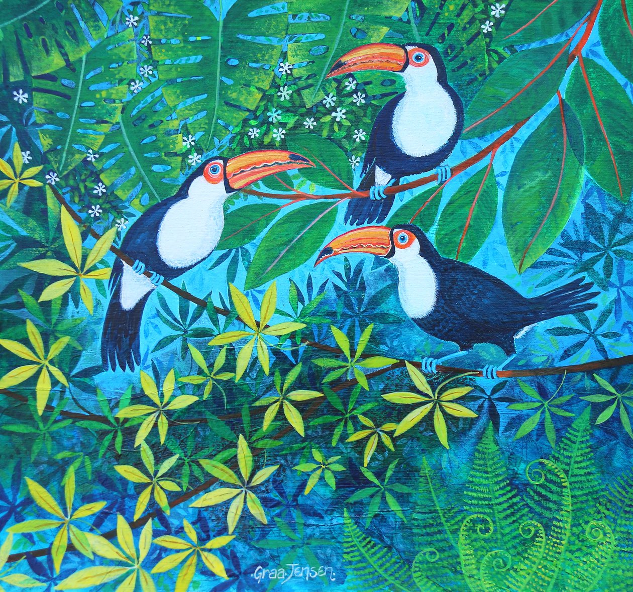 Toucan Threesome, 2024 (akryyli pellavalle) tekijältä Lisa Graa Jensen