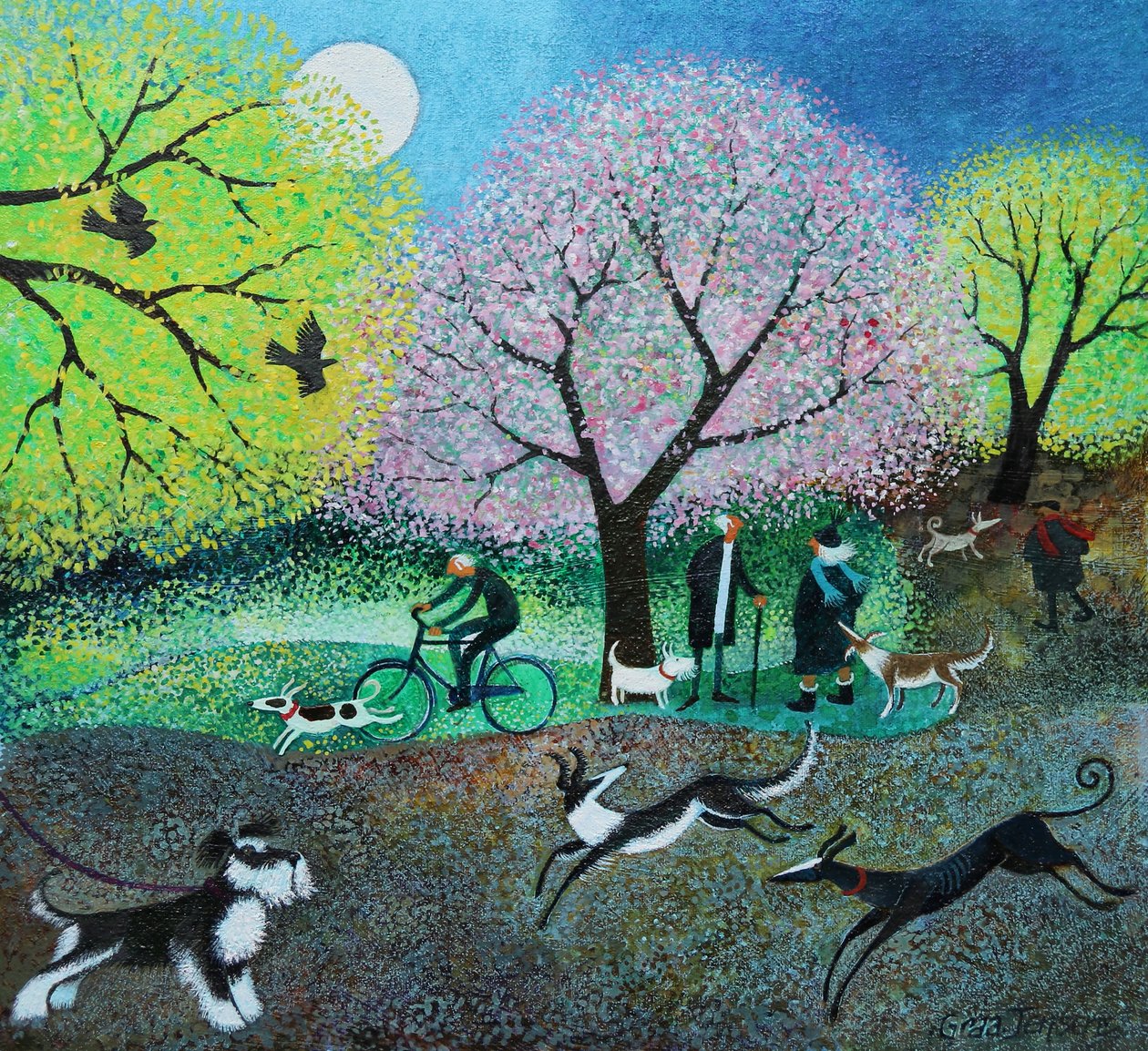 Wellie Road Dog Walkers, 2021 (akryylia pellavalle) tekijältä Lisa Graa Jensen