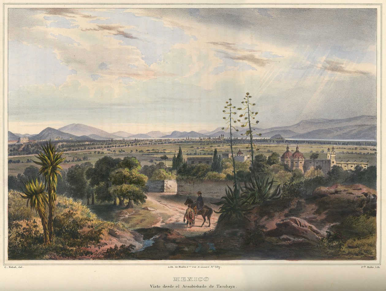 Meksiko, Arzobispado de Tacubaya. Mexico City Tacubayasta katsottuna. Käsin värillinen litografia korostettuna arabikumilla. Alkuperäinen koko (siistit viivat) tekijältä Frederic Mialhe