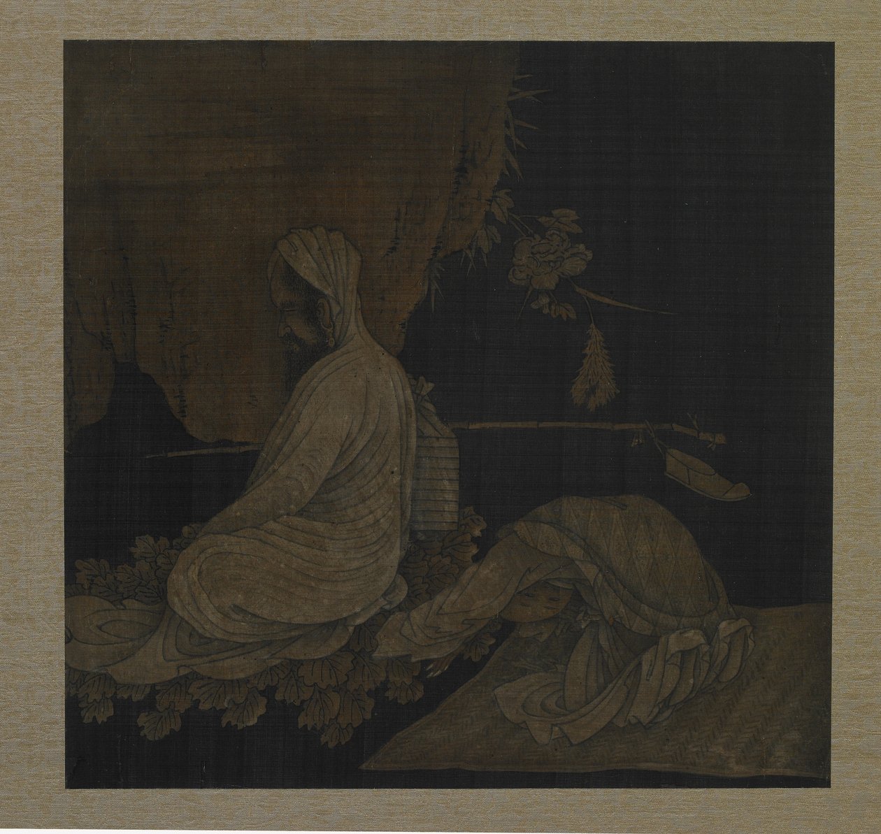 Bodhidharma meditoi, kumartuneen hoitajan kanssa, Qing-dynastia, n. 1708 muste ja väri silkillä tekijältä Liu Hualiang