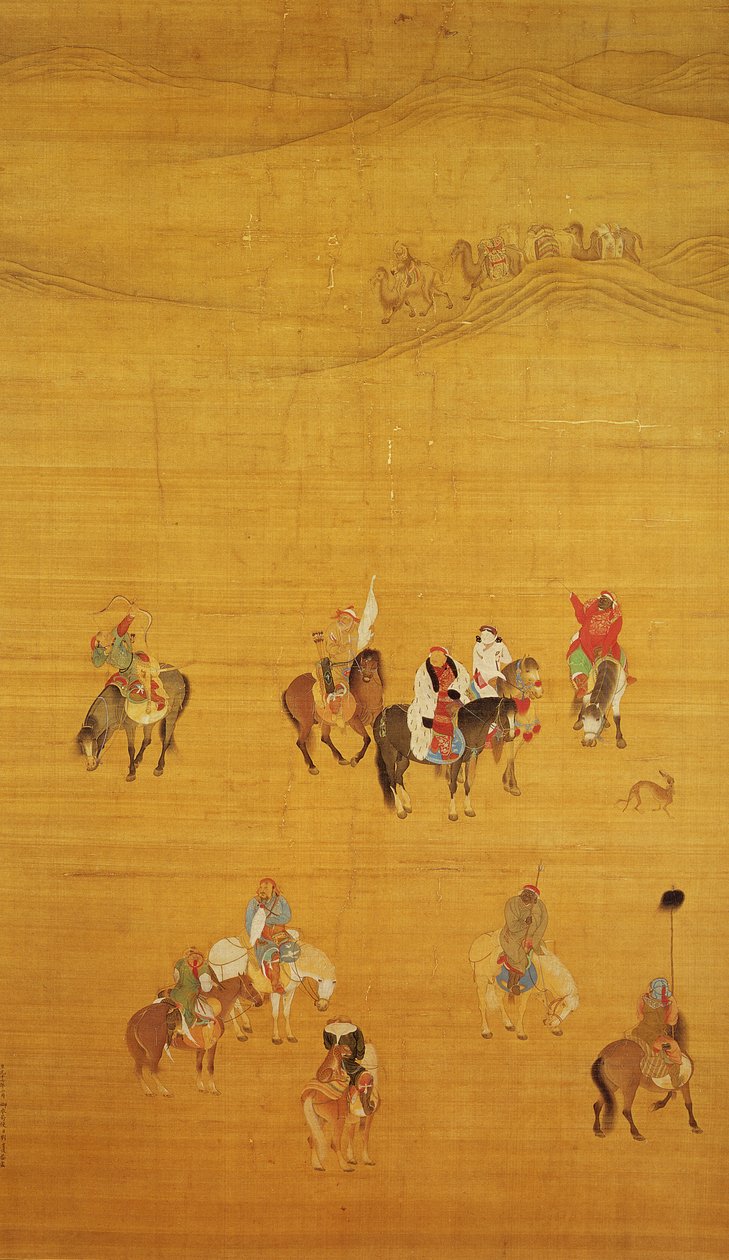 Kublai Khan (1214-94) Metsästys, Yuan-dynastia (muste ja väri silkillä) (katso yksityiskohdat 110534 ja 226021) tekijältä Liu Kuan tao