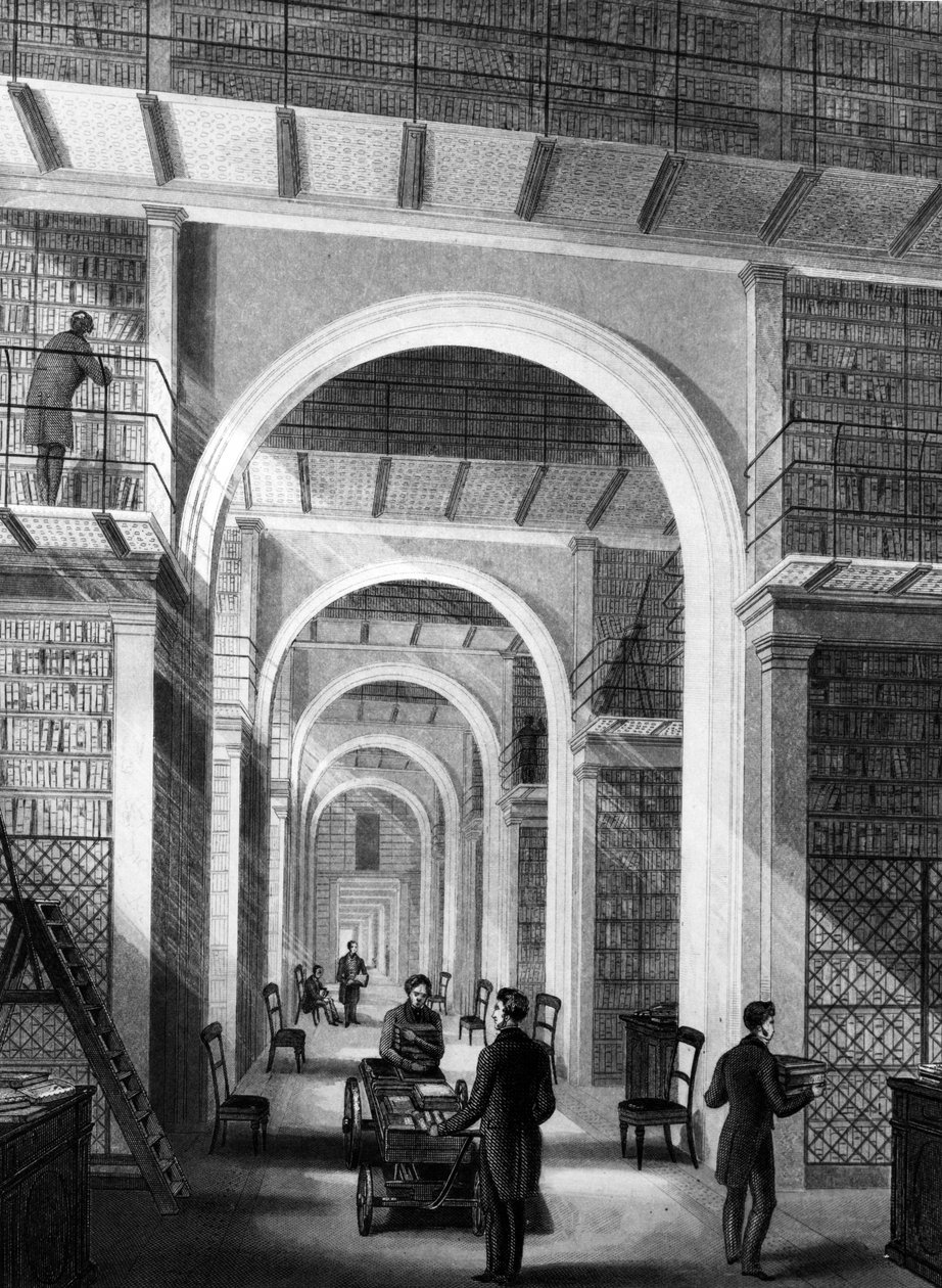 British Museum - lisäkirjasto, kaiverrettu E. Radclyffe, julkaistu julkaisussa "London Interiors", 1841 tekijältä Llewellyn Jewitt
