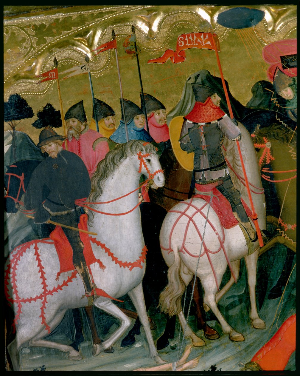 Asennetut sotilaat, yksityiskohta Neitsyt ja Pyhän Yrjön alttaritaulusta, n. 1390-1400 (tempera paneelissa) tekijältä Lluís Borrassà