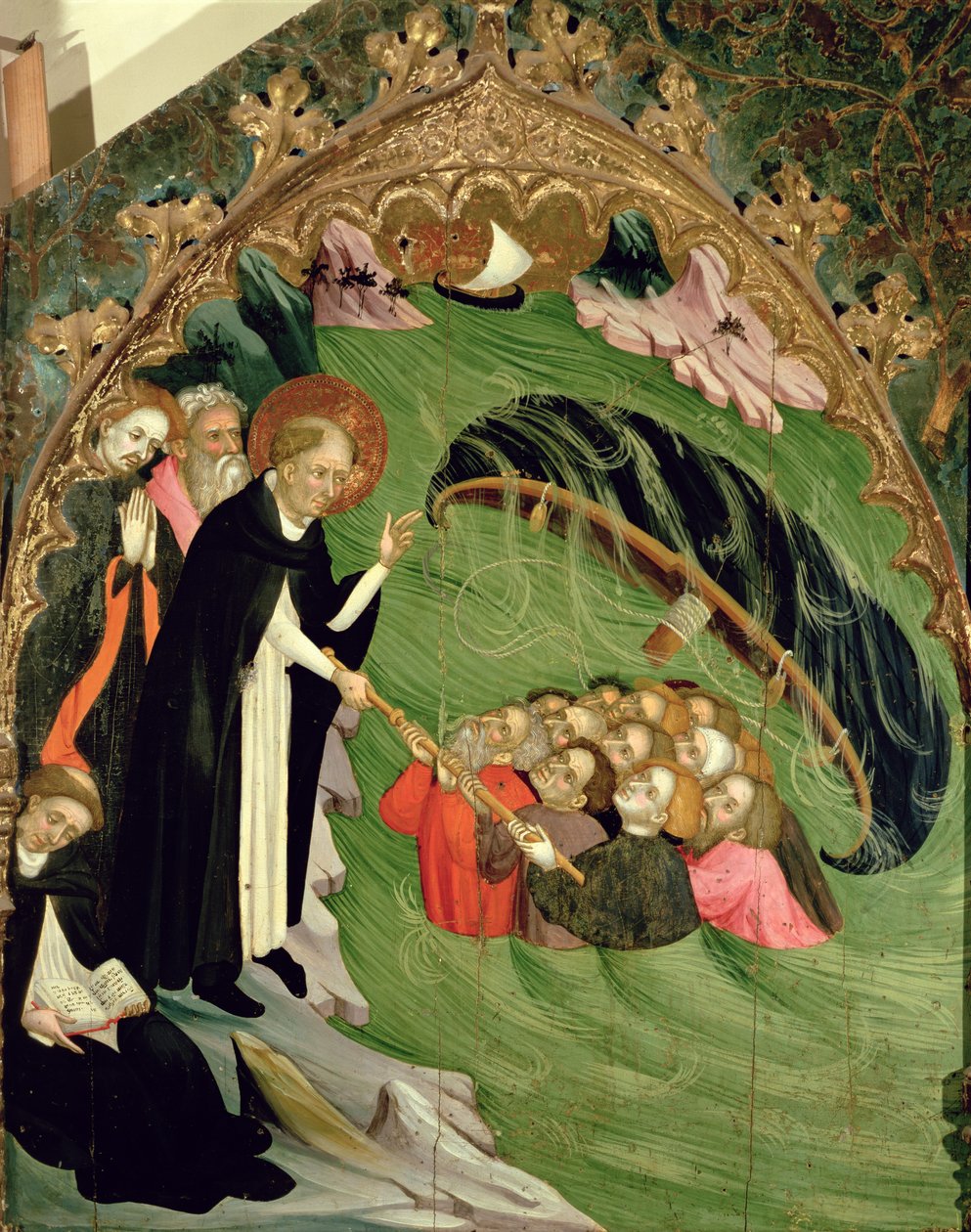 St. Dominic pelastaa haaksirikkoutuneita kalastajia hukkumisesta, yksityiskohta St. Clairen alttaritaulusta, 1415 tekijältä Lluís Borrassà