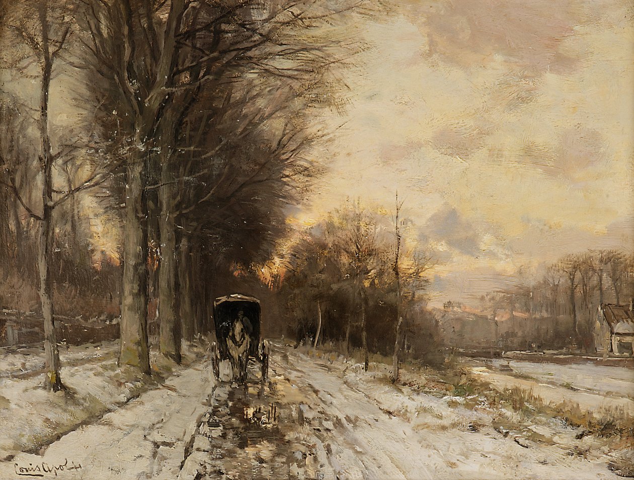 Hevoskärryt lumisella polulla (öljy paneelille) tekijältä Lodewijk Frederik Hendrik (1850-1936) Apol