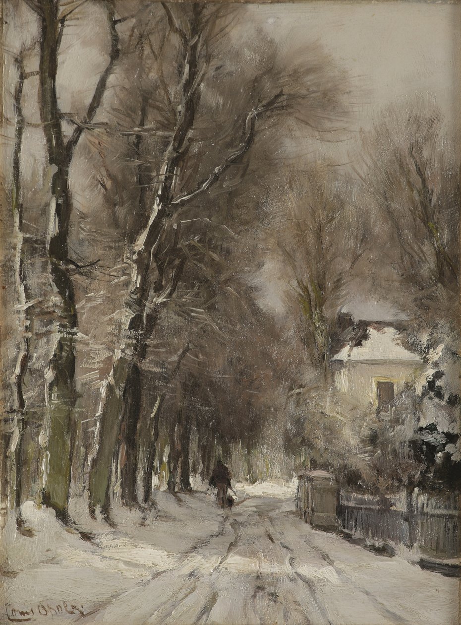 Lumipeitteinen polku talvella (öljy paneelille) tekijältä Lodewijk Frederik Hendrik (1850 1936) Apol