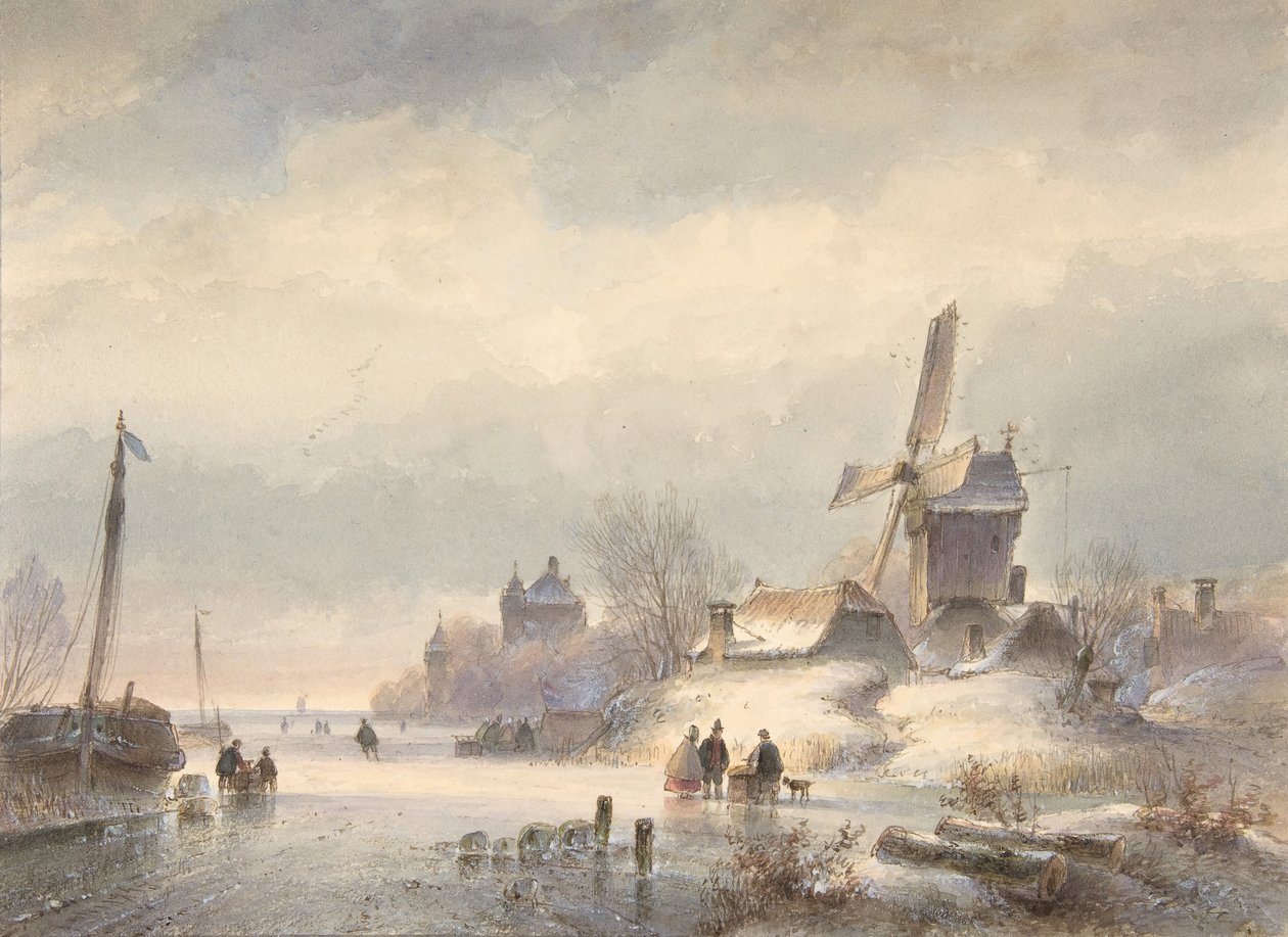 Talvimaisema jäätyneen joen kanssa, 1800-luku tekijältä Lodewijk Johannes Kleijn