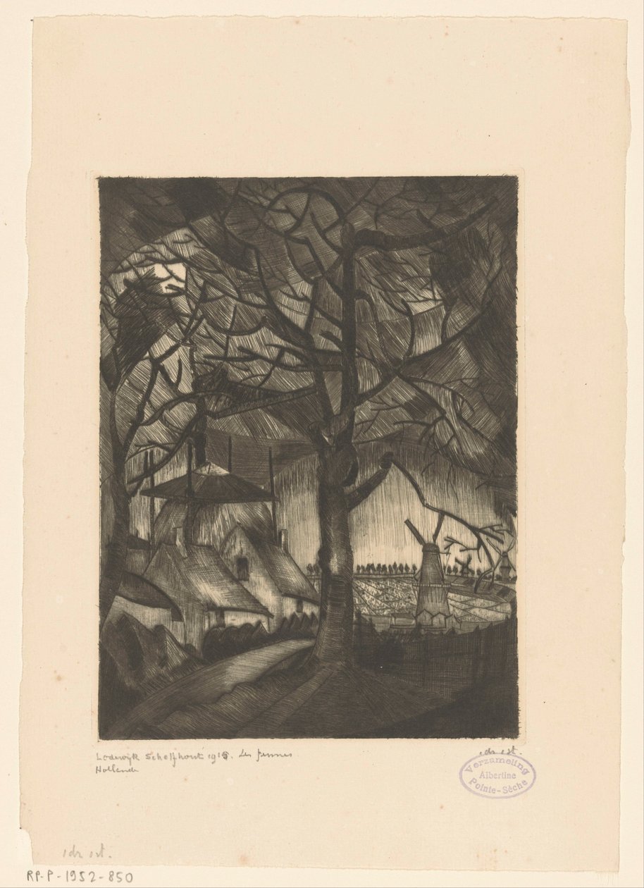 Maatila Les Fermes (alkuperäinen nimi esineessä) tekijältä Lodewijk Schelfhout (signed by artist)