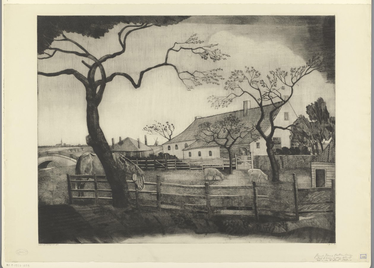 Maatila karjalla Hollannissa Grande ferme Hollandais (alkuperäinen nimi) tekijältä Lodewijk Schelfhout (signed by artist)